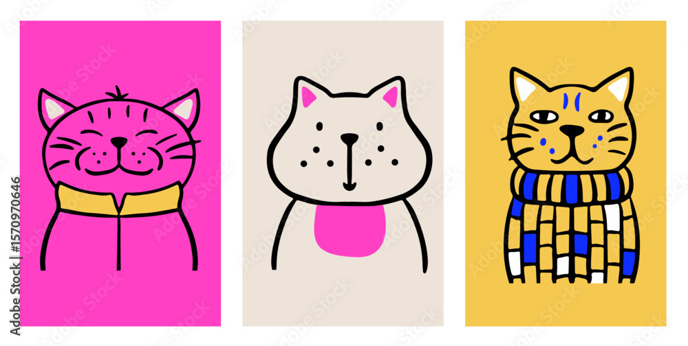 Fototapeta premium Set of posters with cute hand drawn cats. Friendly covers or cards with pets. Vector illustration