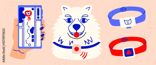 Samoyed dog in collars with GPS pet tracking system. Hand holds smartphone with animal geolocation program