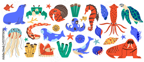 Set of sea animals and fish. Marine creatures hand drawn graphic collection. Cute and funny vector illustration