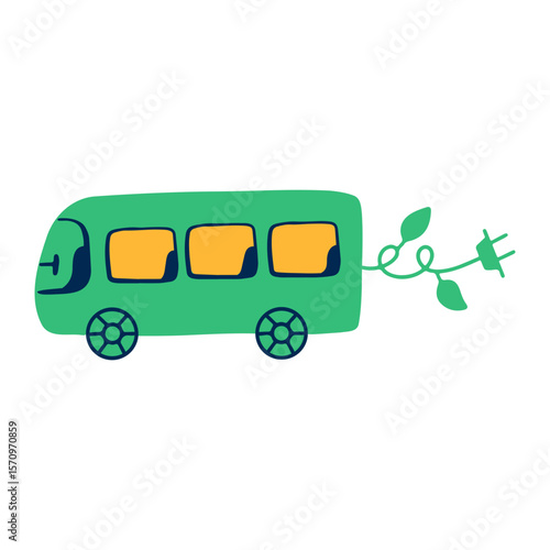 Green energy transport  hand drawn vector illustration.  Environmental sustainability icon with electric vehicle. Eco-friendly bus.