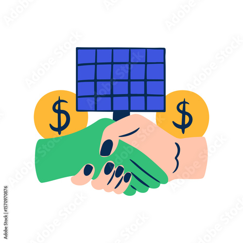 Eco-friendly handshake with solar panel in the background. Business deal closing. Sustainable energy investment concept. Vector graphic icon.