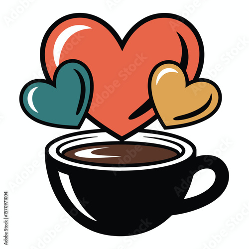 Cup of coffee with three hearts floating above symbolizing love for beverages