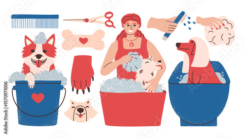Pet grooming set. Spa care for animals. Cute dogs taking a bubble bath. Graphic vector illustrations in hand drawn style.