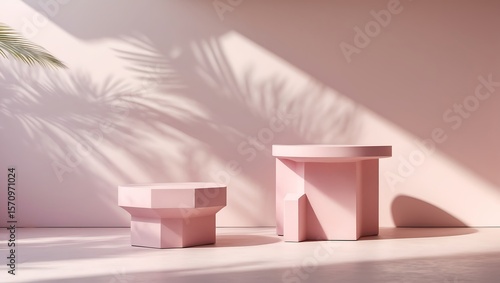 Wallpaper Mural Minimalist pink geometric pedestals bathed in soft sunlight and palm leaf shadows Torontodigital.ca