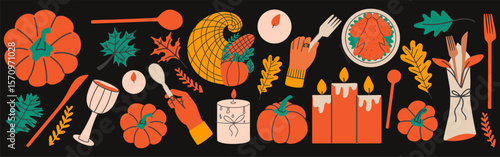 Thanksgiving holiday decorative graphic elements. Fall seasonal festive set. Autumn traditional pumpkin and turkey dishes. Graphic banner with collections