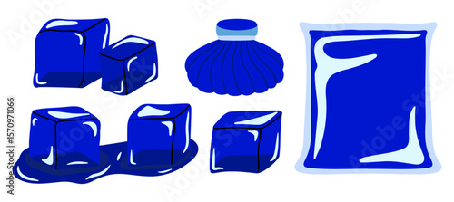 Set of ice blocks and ice bags. Medical set with cold compress and pain reliever. Vector illustration in flat style