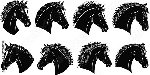 Collection of eight black horse head silhouettes on a white background