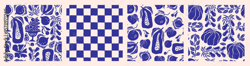 Amalfi coast hand-drawn seamless pattern collection: food, checkers and fruits. Retro vibes in naive Mediterranean style. Perfect for fabric, kitchen decor, wrapping, and summer food design.