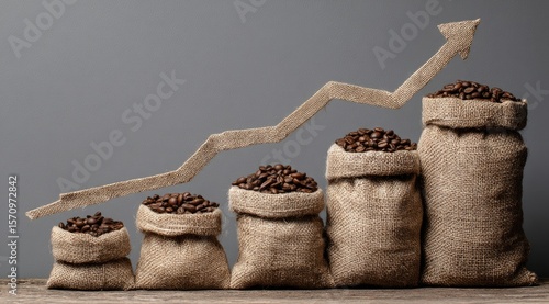 Five burlap sacks of increasing size filled with coffee beans, alongside an upward-trending arrow suggesting growth in the coffee industry