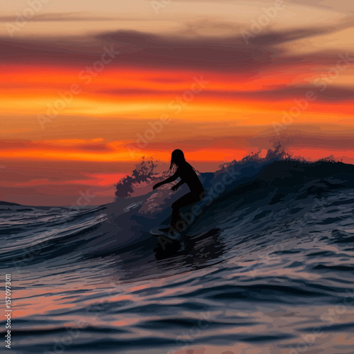 Black Silhouette: Beautiful Girl Surfing Ocean Wave at Sunset Horizon