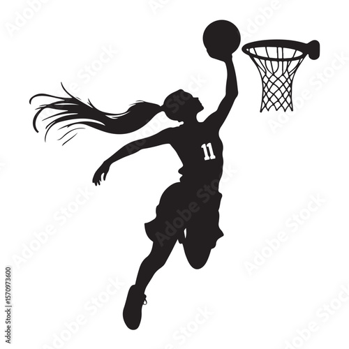 vector silhouette of a female basketball player slam dunk, scoring the ball to the net, transparent background 
