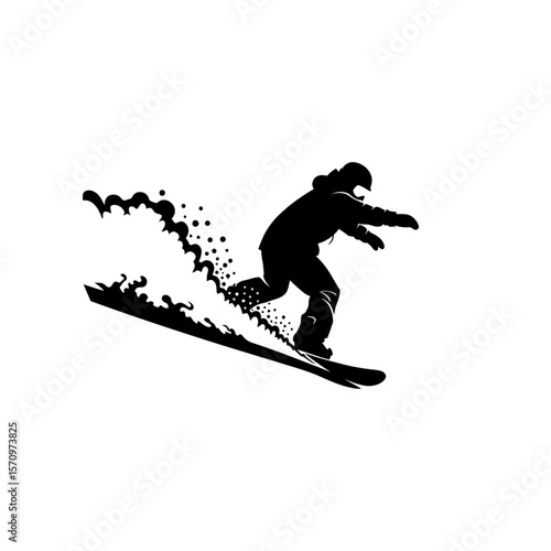 Black Silhouette Icon: Extreme Snowboarder Riding Fresh Powder Off-Piste