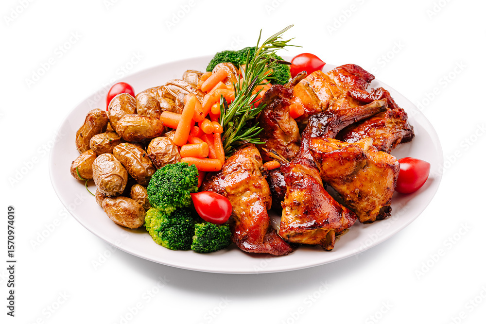Delicious grilled pork meat with vegetables and potatoes served on a white plate Delicious grilled pork meat with vegetables and potatoes served on a white plate