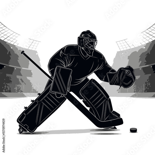 Black Silhouette Icon: Professional Ice Hockey Goalkeeper in Action