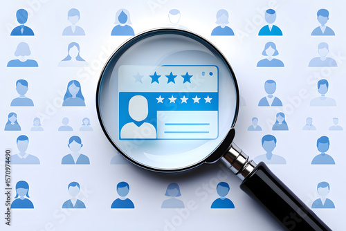 Magnifying glass over user profile with stars rating