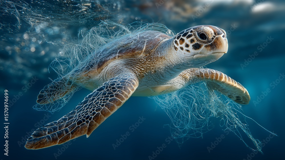 Obraz premium sea turtle trapped in plastic underwater pollution and marine conservation concept