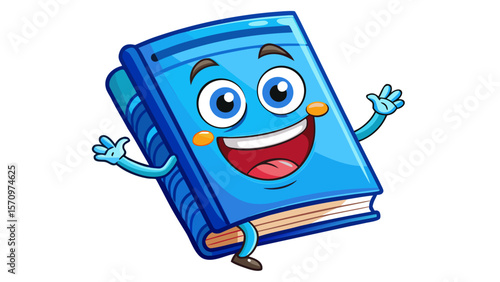 A happy blue notebook flips its own pages with glee, featuring glossy covers and expressive eyes. It looks excited to hold notes and memories of classroom adventures.