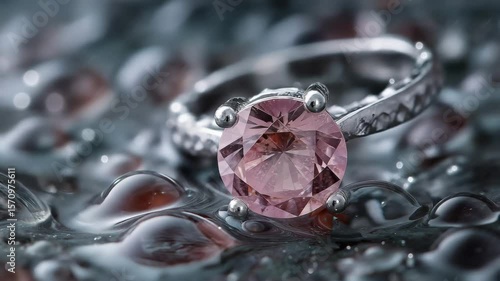 Elegant pink gemstone ring displayed on wet surface jewelry photography close-up glamorous environment artistic viewpoint