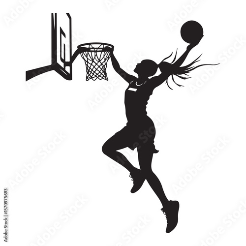 vector silhouette of a female basketball player slam dunk, scoring the ball to the net, transparent background 