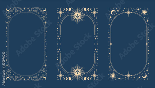 Magical esoteric frame, mystical linear decoration with dots, moon, stars corners isolated on blue background. Vector illustration. 