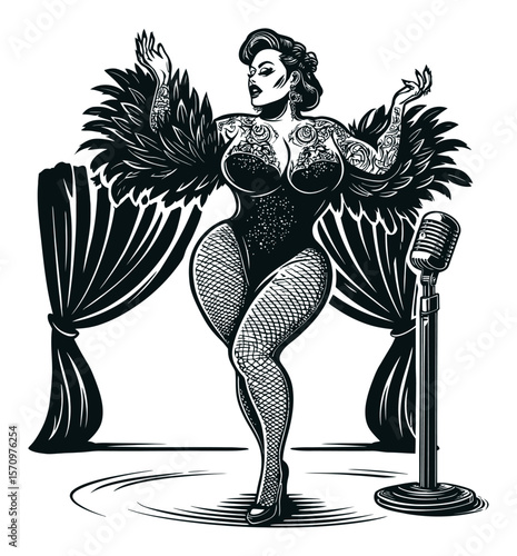 Elegant Vintage Performer with Feathered Costume and Microphone on Stage