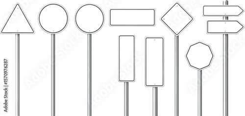 A collection of blank road signs of various shapes on metal poles set
