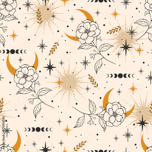 Magic seamless vector pattern with flowers, constellations, moons and stars. Boho pattern for astrology, esoteric, tarot, mystic and magic. 