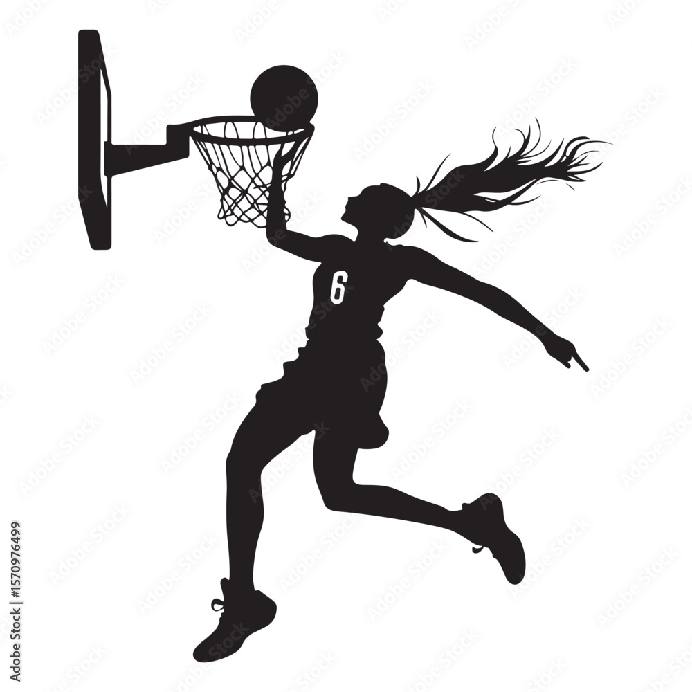 Obraz premium vector silhouette of a female basketball player slam dunk, scoring the ball to the net, transparent background