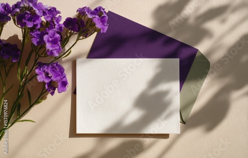 Flatlay of blank card, purple envelope, and purple flowers casting shadows on a beige background