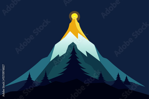 Majestic Mountain Peak Illuminated by Celestial Glow A Night Scene Illustration