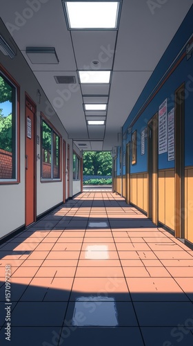 Wallpaper Mural School corridor A long hall, warm sunlight, tiled floor. Windows peek to trees outside Torontodigital.ca