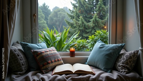 A cozy window nook on a rainy day, featuring soft cushions, an open book, a lit candle, and lush greenery outside — the perfect setting for relaxation, reading, and mindful moments.