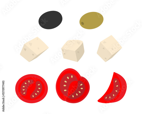 Olives Cheese Cubes and Tomato slices Various positions Sticker Icon Pictogram Minimalist design Set