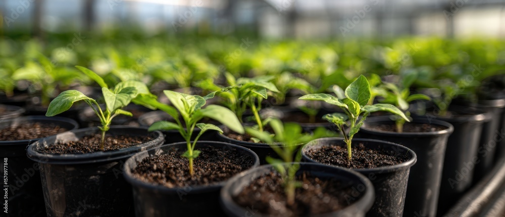 The thriving seedlings in pots ready for cultivation in a greenhouse setting. The thriving seedlings in pots ready for cultivation in a greenhouse setting.