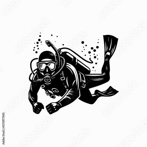 Scuba Diver Logo Vector Swimming Underwater with Gear Isolated on White

