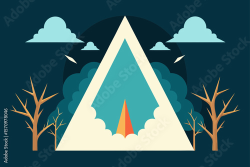 Abstract Triangle Landscape Mystical Night Scene with Bare Trees and a Glowing Center