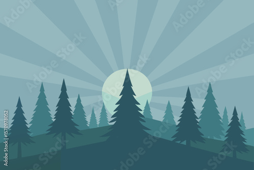 Serene Sunrise Sunbeams Through a Majestic Pine Forest