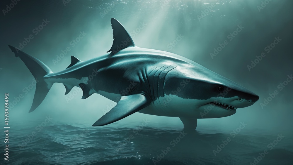 Obraz premium Gliding great white shark passing over deep seabed, with shafts of sunlight and drifting particles