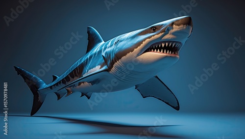Wallpaper Mural Swimming shark showcasing triangular teeth and dorsal fin against blue gradient backdrop, render Torontodigital.ca