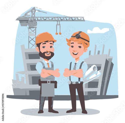 Friendly Cartoon Construction Workers with Tools and Blueprints in Background
