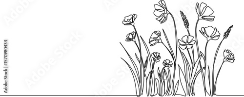 continuous single line drawing of wildflowers, line art vector illustration