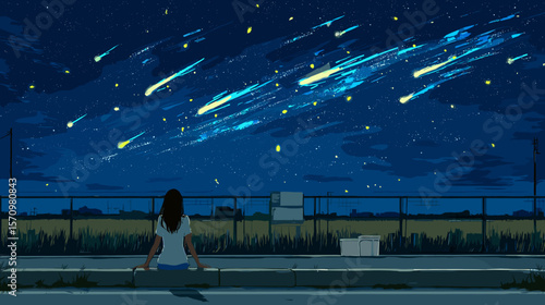 星空を見上げる女性の幻想的なベクターイラスト