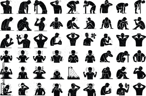Overheated Man Silhouette Icons – Sun Exposure & Summer Heat Vectors Man Sweating Under Hot Sun Silhouette Icon Set – Heat and Summer Concept