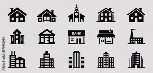 Collection of black and white building icons representing different types of architecture