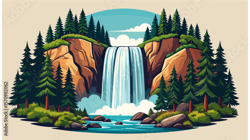 Cartoon pixel art illustration of a majestic waterfall cascading down rocky cliffs surrounded by lush green pine trees and foliage, creating a serene nature scene.