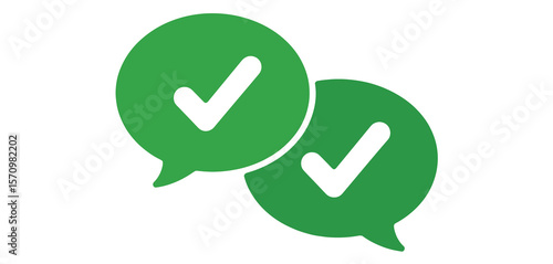 Two green speech bubbles with white checkmarks inside on a white background