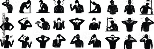 Overheated Man Silhouette Icons – Sun Exposure & Summer Heat Vectors Man Sweating Under Hot Sun Silhouette Icon Set – Heat and Summer Concept