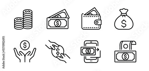 Collection of thin line icons representing financial transactions and money management