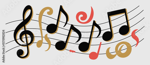 Musical notes and treble clef on staff with decorative elements in black gold and red