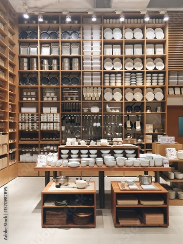 Photography A neatly arranged kitchenware store with shelves full of dishes, pots, and utensils, creating a tidy and visually pleasing shopping space